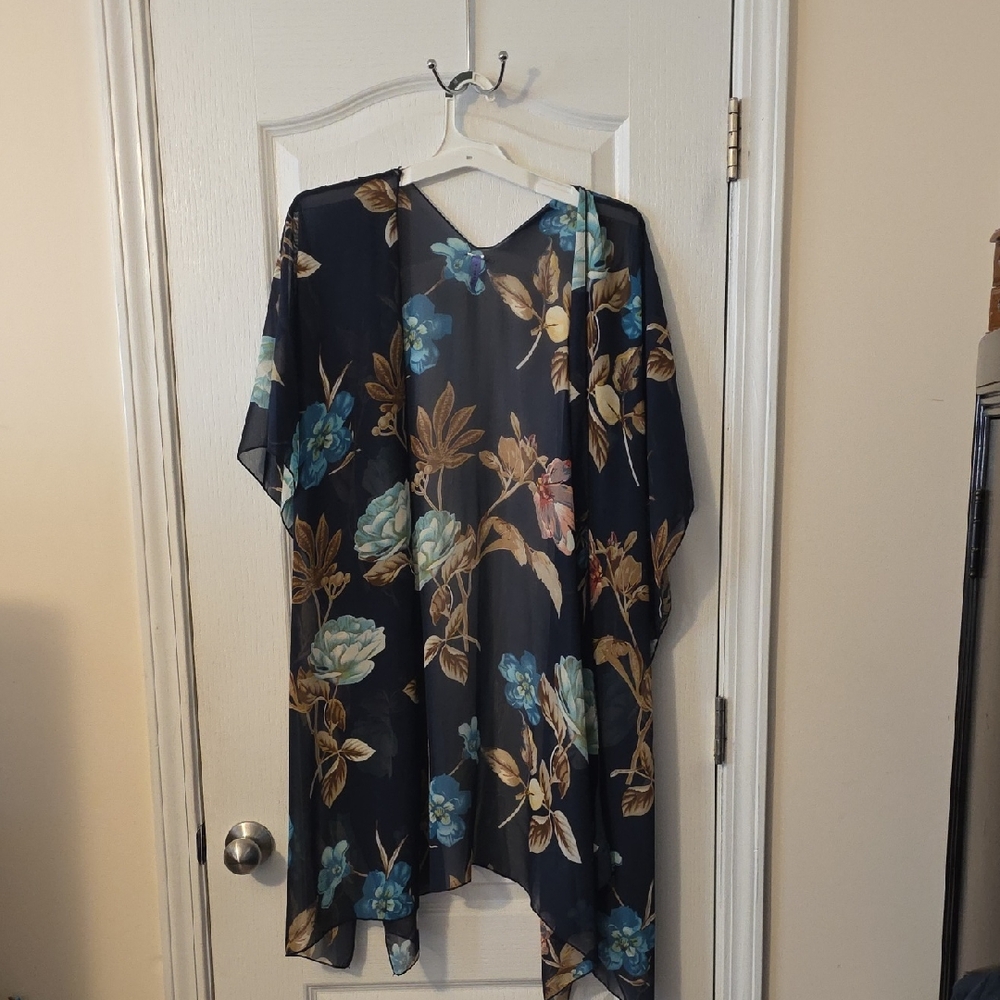 BlueBell Floral Sheer Black Kimono Cover-Up with Blue and Tan Blooms